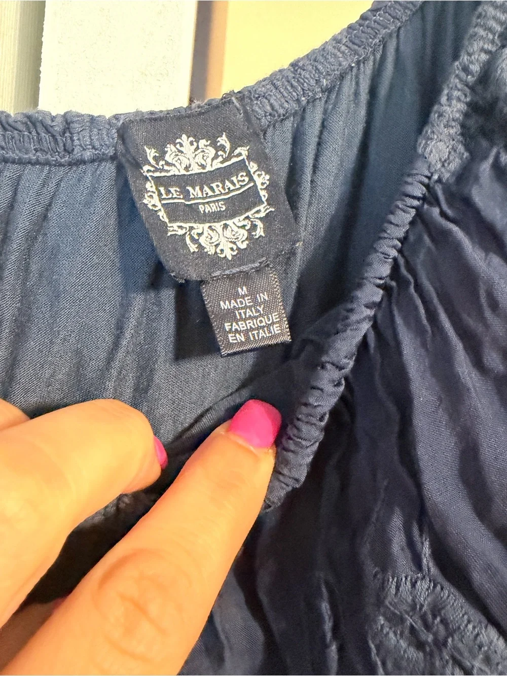 Le Marais Paris Silk Off Shoulder Ruffle Blouse Navy M